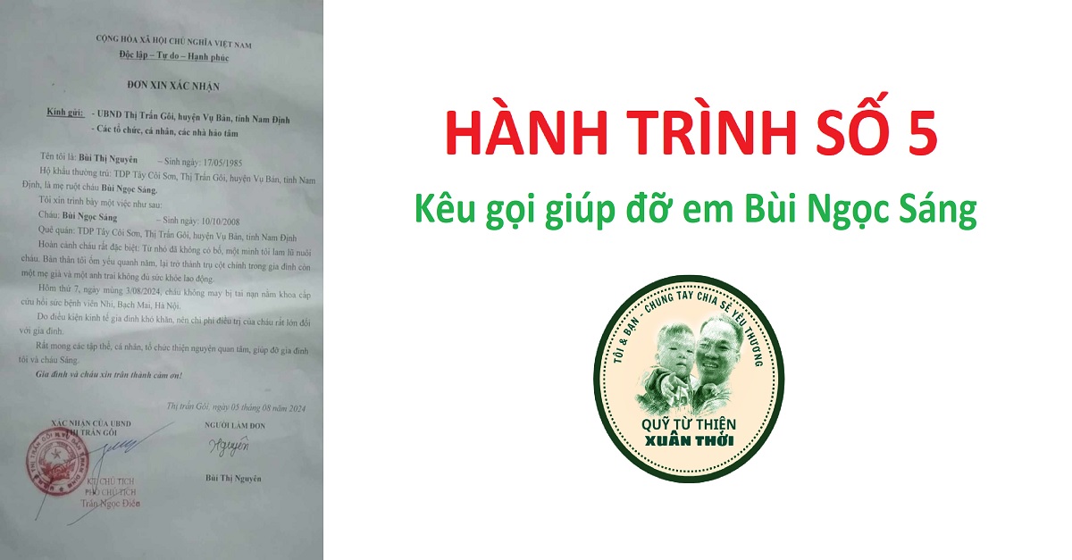 Quỹ từ thiện Xuân Thời cập nhật ủng hộ giúp đỡ cháu Bùi Ngọc Sáng bị tai nạn đuối nước, tràn dịch phổi trong Hành trình số 5