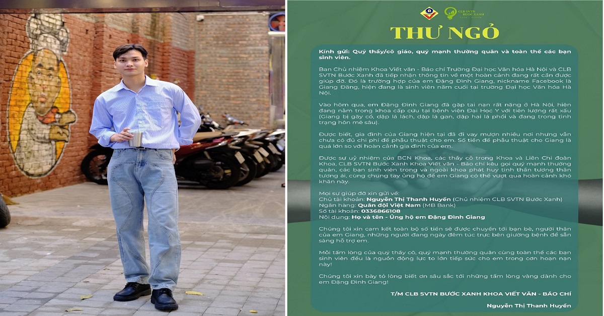 Thư ngỏ giúp đỡ em Giang có tiền phẫu thuật sau vụ tai nạn của Khoa Viết văn Báo chí - Trường Đại học Văn hóa Hà Nội